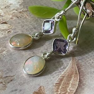 Earrings with natural gemstone fire Opal and amethyst
